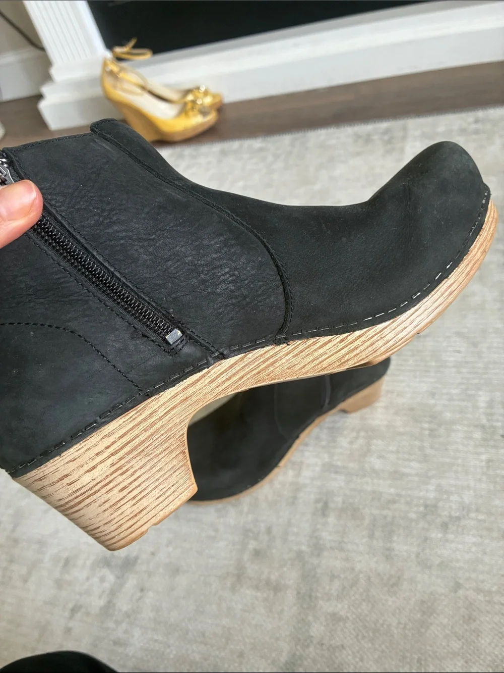 Dansko Black Suede Ankle Booties with Wood-Look Heel